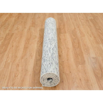 6'1"X9'1" Blue Modern Striae Design Pure Wool Hand Loomed Oriental Rug