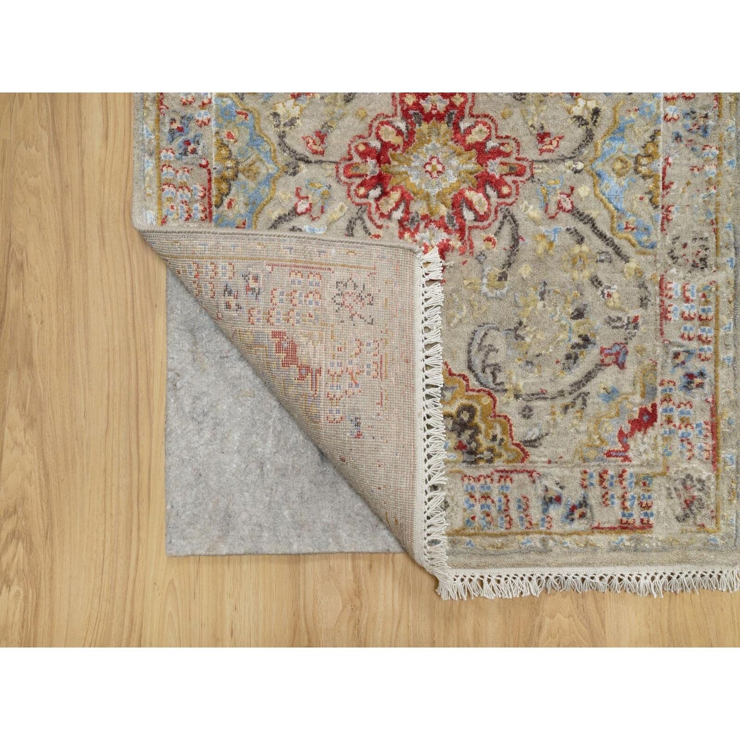 2'7"X26' Beige The Sunset Rosettes Wool And Silk Hand Knotted Runner Rug