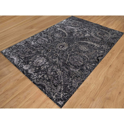 6'X8'10" Obsidian Black Wool And Silk Hand Knotted Sickle Leaf Design Rug