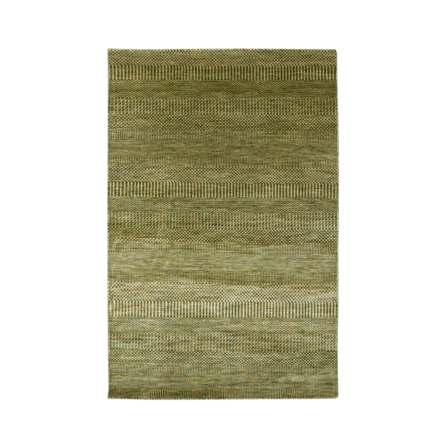 4'X6'1" Amber Green Wool And Silk Modern Grass Design Hand Knotted Rug
