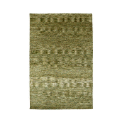 4'X6'1" Amber Green Wool And Silk Modern Grass Design Hand Knotted Rug
