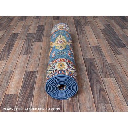 2'9"X11'2" Blue Kazak Hand Knotted Soft Wool Runner Oriental Rug