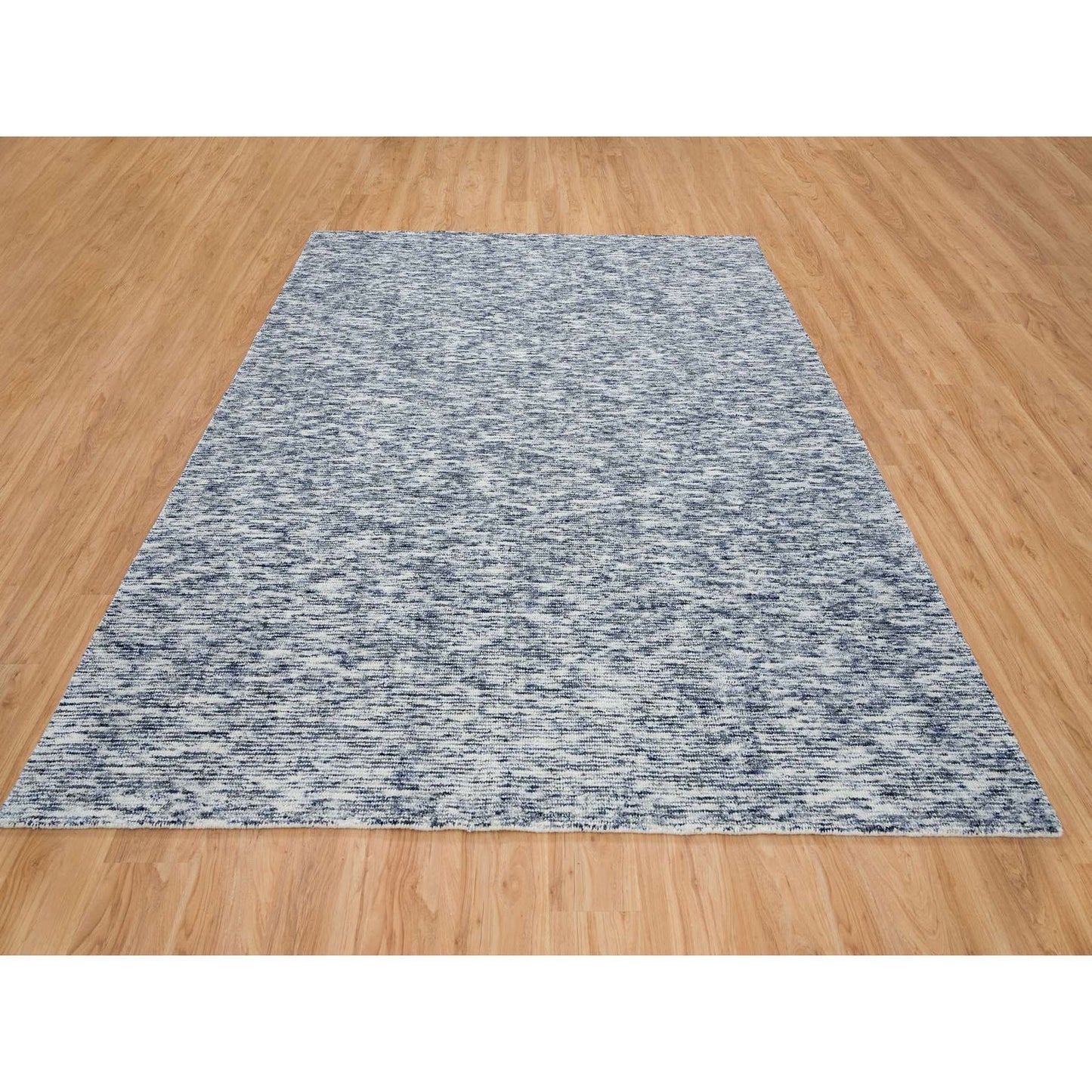 8'2"X10' Blue Pure Wool Hand Loomed Modern Striae Design Oriental Rug