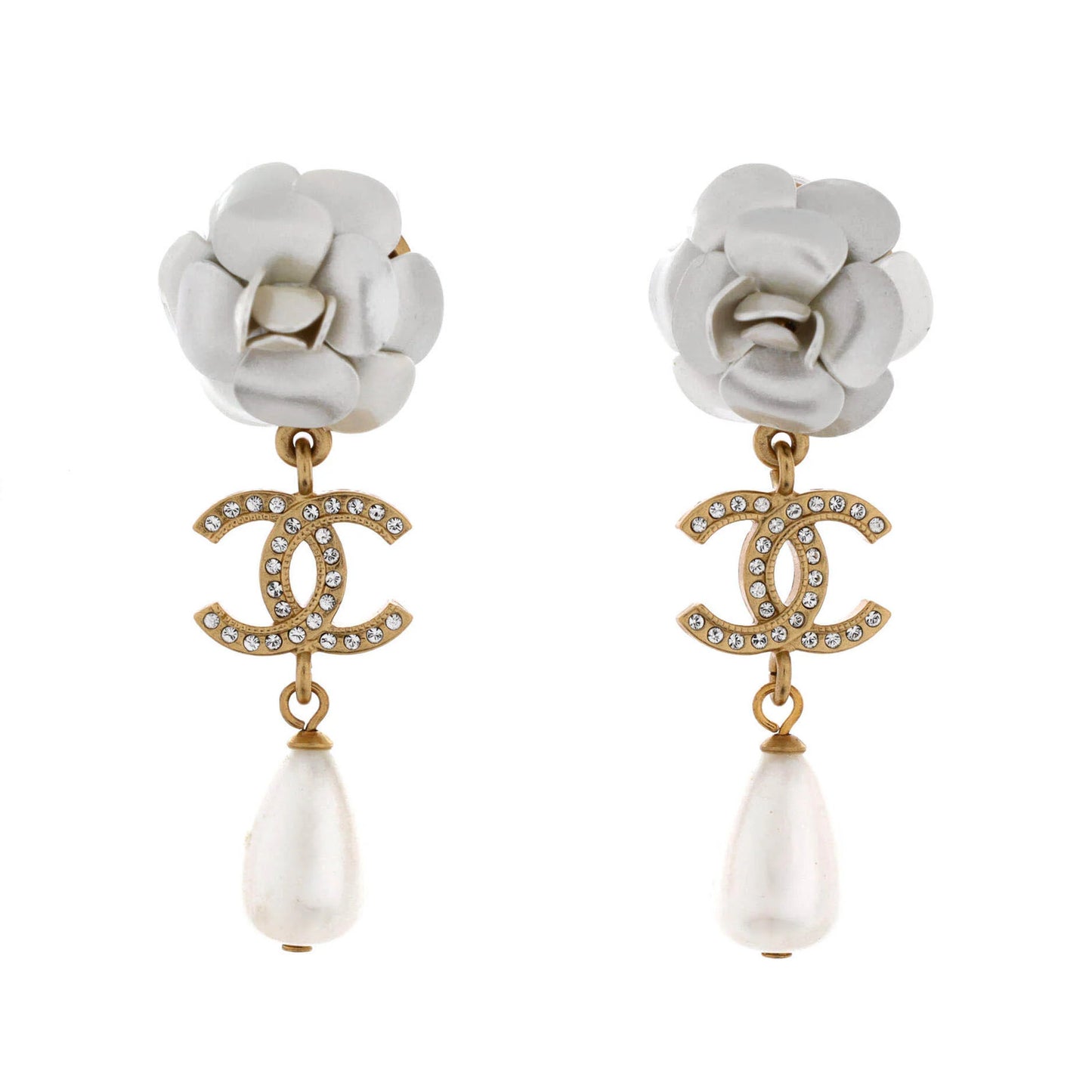 Chanel Camellia Cc Teardrop Dangle Earrings Metal With Crystals And Faux Pearl