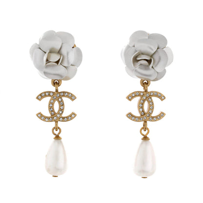 Chanel Camellia Cc Teardrop Dangle Earrings Metal With Crystals And Faux Pearl