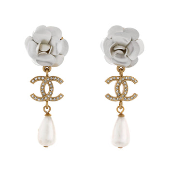Chanel Camellia Cc Teardrop Dangle Earrings Metal With Crystals And Faux Pearl
