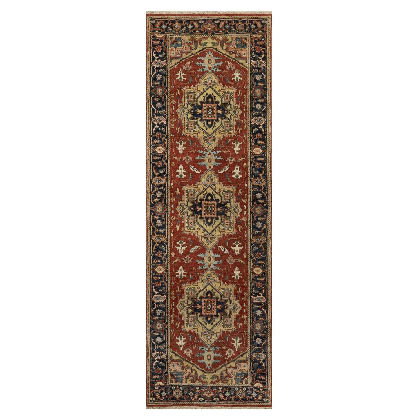 2'6"X8' Ruby Red Hand Knotted Heris Revival New Zealand Wool Runner Rug