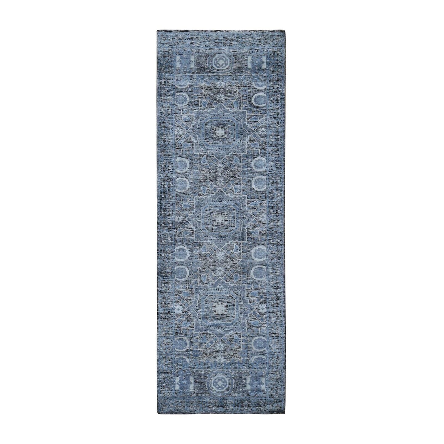 2'7"X8'1" Silk With Textured Wool Hi-Low Pile Mamluk Design Runner Rug