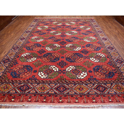 10'X13'9" Soft Wool Hand Knotted Coral Red Afghan Ersari Rug