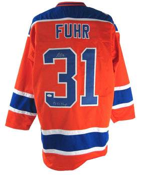 Grant Fuhr Hof Signed/Inscribed Oilers Red Custom Hockey Jersey Jsa 161105