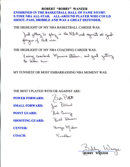 Bobby Wanzer Autographed Hand Filled Out Survey