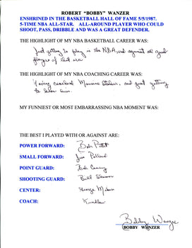 Bobby Wanzer Autographed Hand Filled Out Survey