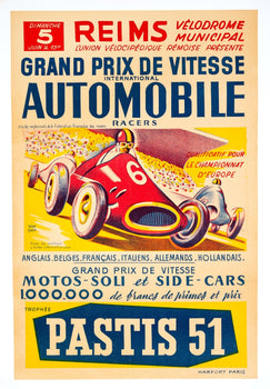 1950 Grand Prix De Vitesse Automobile A Reims On Linen By Van Dam Original Litho