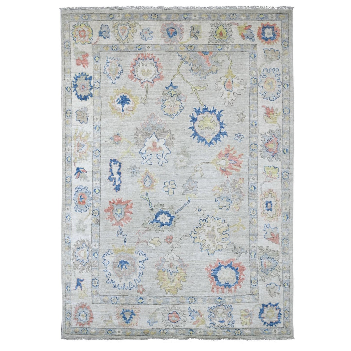 6'2"x8'10" Gray Afghan Angora Oushak Leaf Design Hand Knotted Wool Rug