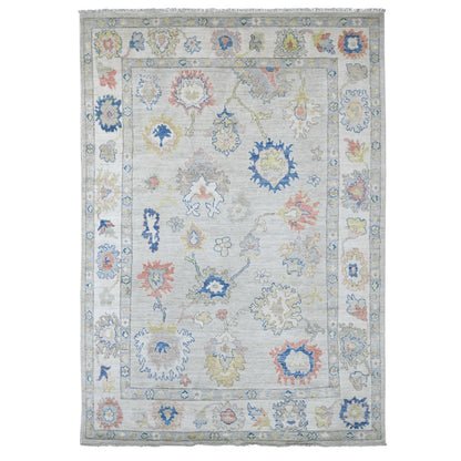 6'2"x8'10" Gray Afghan Angora Oushak Leaf Design Hand Knotted Wool Rug