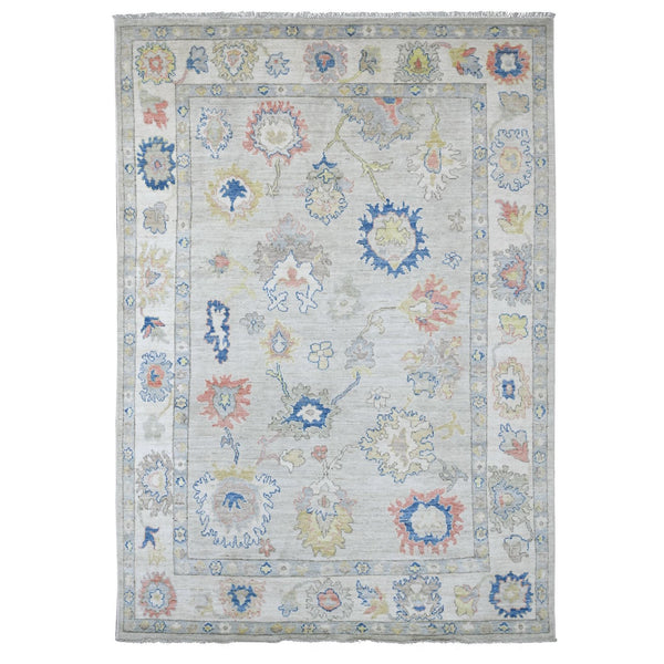 6'2"x8'10" Gray Afghan Angora Oushak Leaf Design Hand Knotted Wool Rug