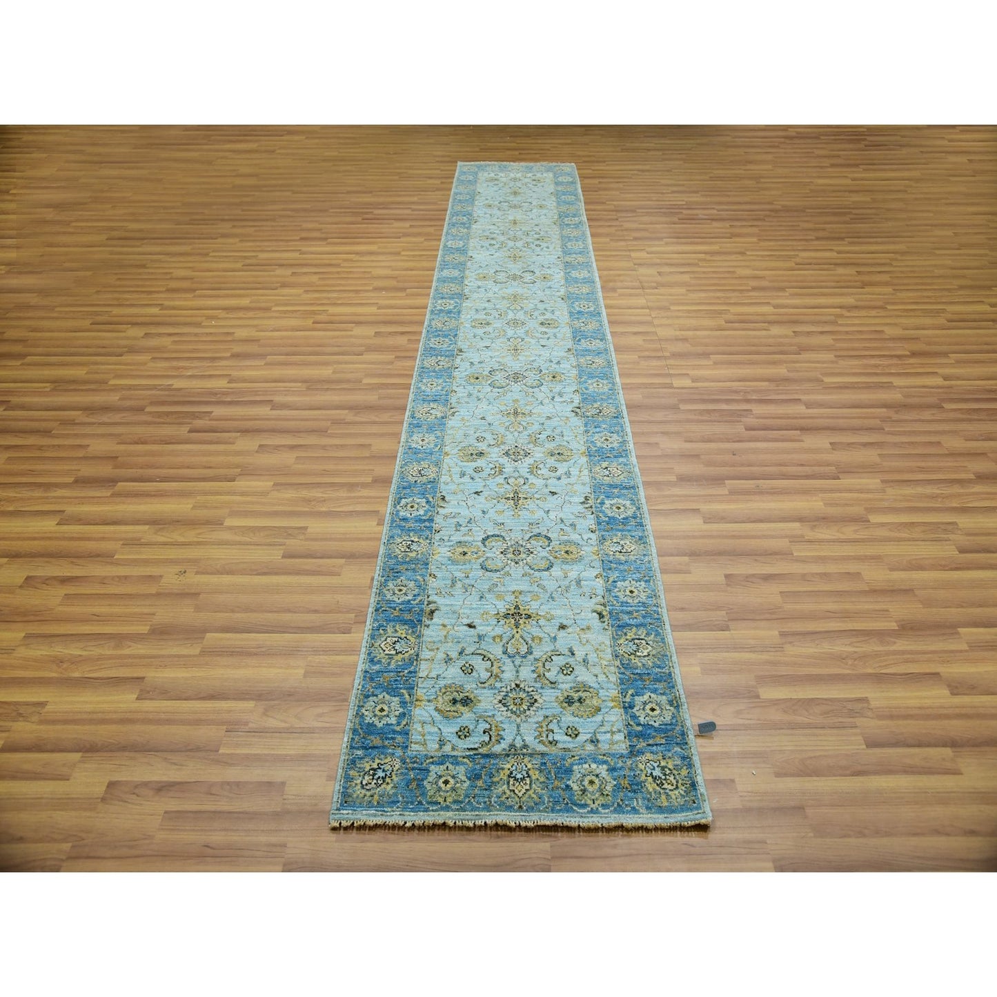 2'6"X14' Arctic Blue Wool Hand Knotted Shah Abbas Runner Oriental Rug