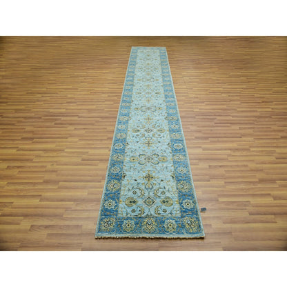 2'6"X14' Arctic Blue Wool Hand Knotted Shah Abbas Runner Oriental Rug