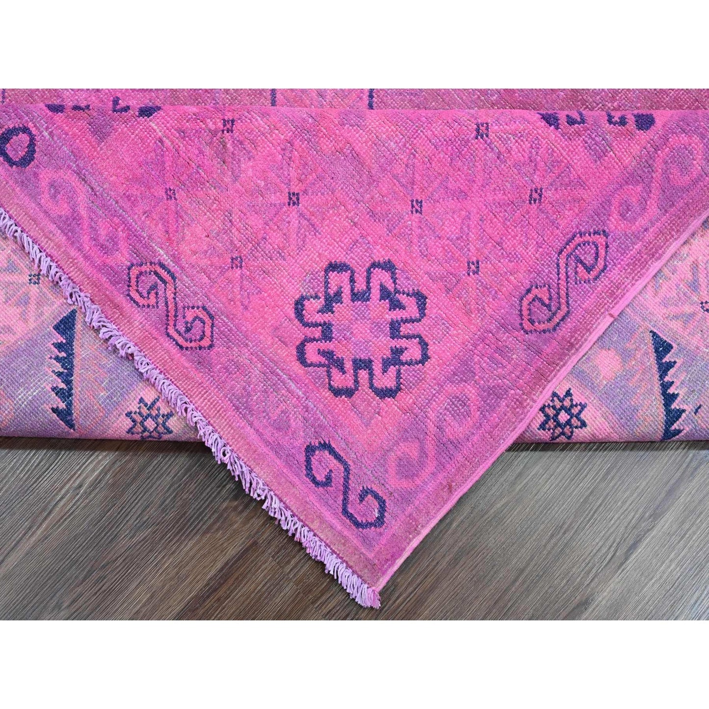 8'X9'7" Hot Pink Overdyed Kazak Geometric Design Hand Knotted Wool Rug