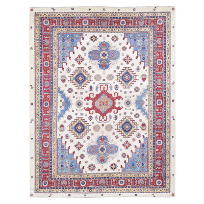 10'X13'3" Ivory Special Kazak With Geometric Design Wool Hand Knotted Rug