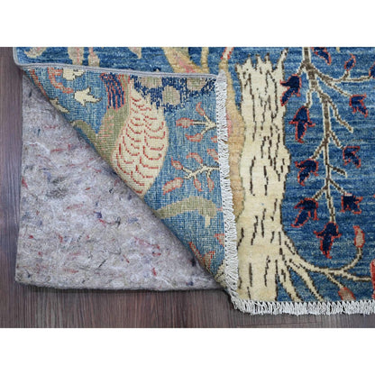 3'X21'3" Blue Afghan Peshawar Birds Design Hand Knotted Wool Runner Rug