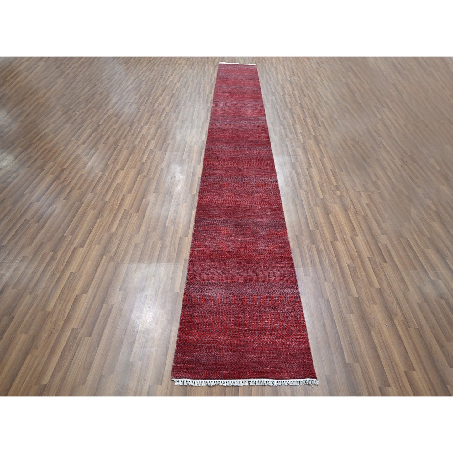 2'6"X16'3" Red Modern Grass Design Hand Knotted Wool And Silk Runner Rug