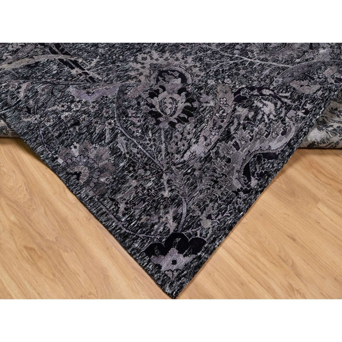 8'1"X10' Black Lush And Plush Hand Knotted Leaf Design Wool And Silk Rug