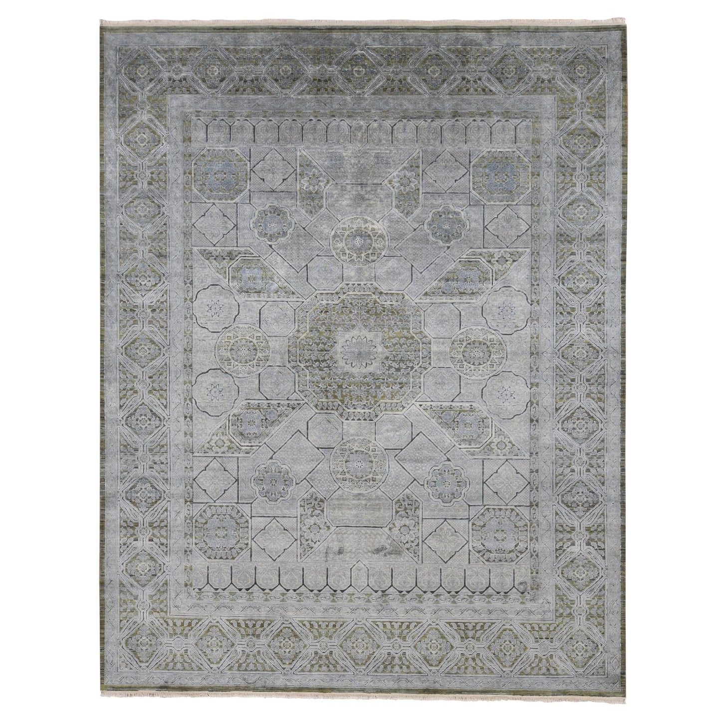 9'X11'7" Cadet Gray Silk With Wool Mamluk Design Hand Knotted Rug