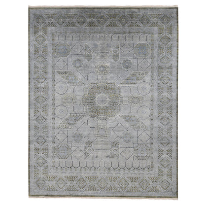 9'X11'7" Cadet Gray Silk With Wool Mamluk Design Hand Knotted Rug