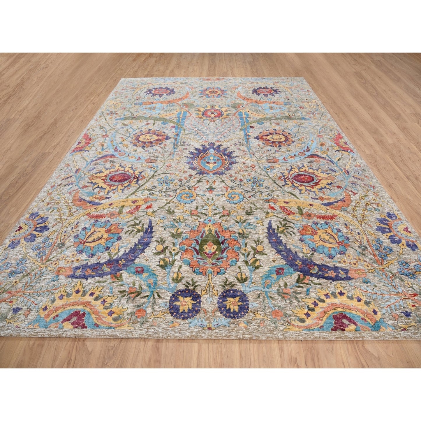 9'1"X12'4" Silk With Wool Hand Knotted Tan Sickle Leaf Design Rug