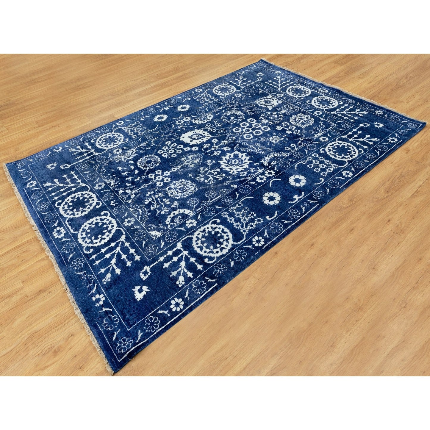 6'2"X9' Blue Hand Knotted Tone On Tone Wool And Silk Oriental Rug