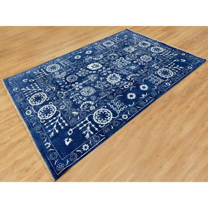 6'2"X9' Blue Hand Knotted Tone On Tone Wool And Silk Oriental Rug