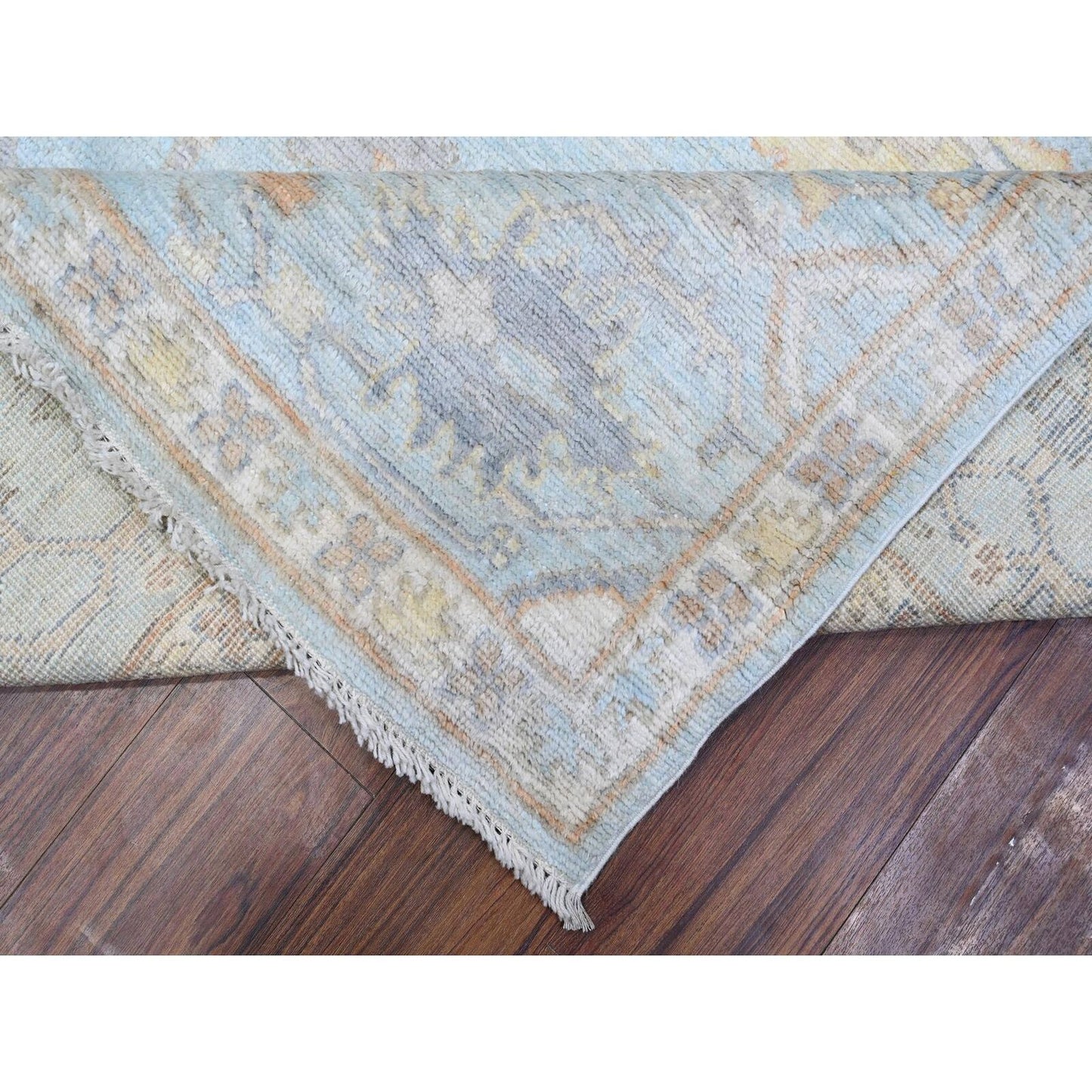 7'9"X9'9" Beau Blue Faded Out Angora Oushak Wool Weft Oriental Rug