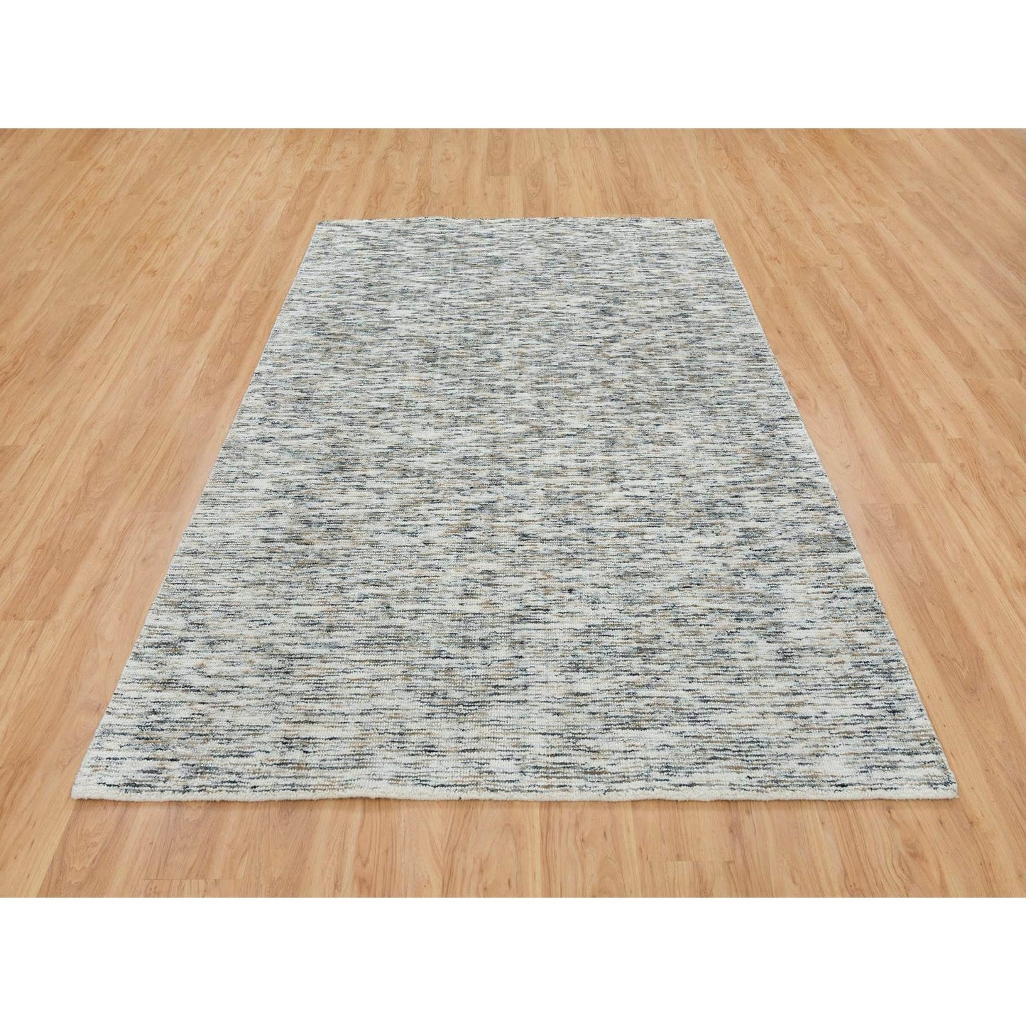 6'3"X9'1" Biege Pure Wool Hand Loomed Modern Striae Design Oriental Rug