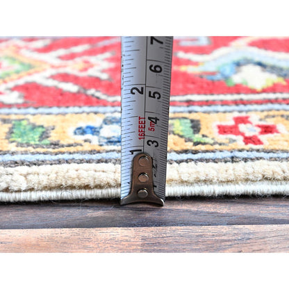 5'X6'6" Chiffon White Kazak With Geometric Design Hand Knotted Wool Rug