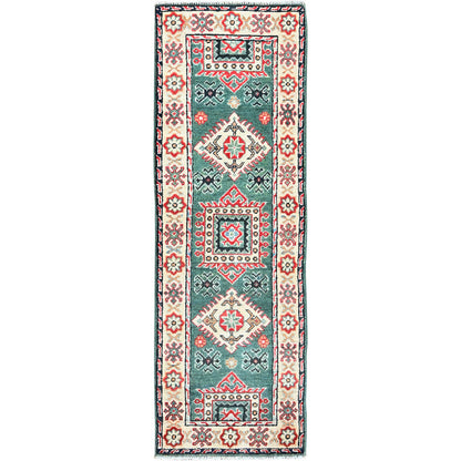 2'X5'10" Green Kazak With Geometric Design All Wool Hand Knotted Runner Rug