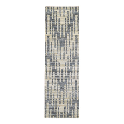 2'6"X8'3" Blue Pure Silk And Textured Wool Wide Runner Hand Knotted Rug