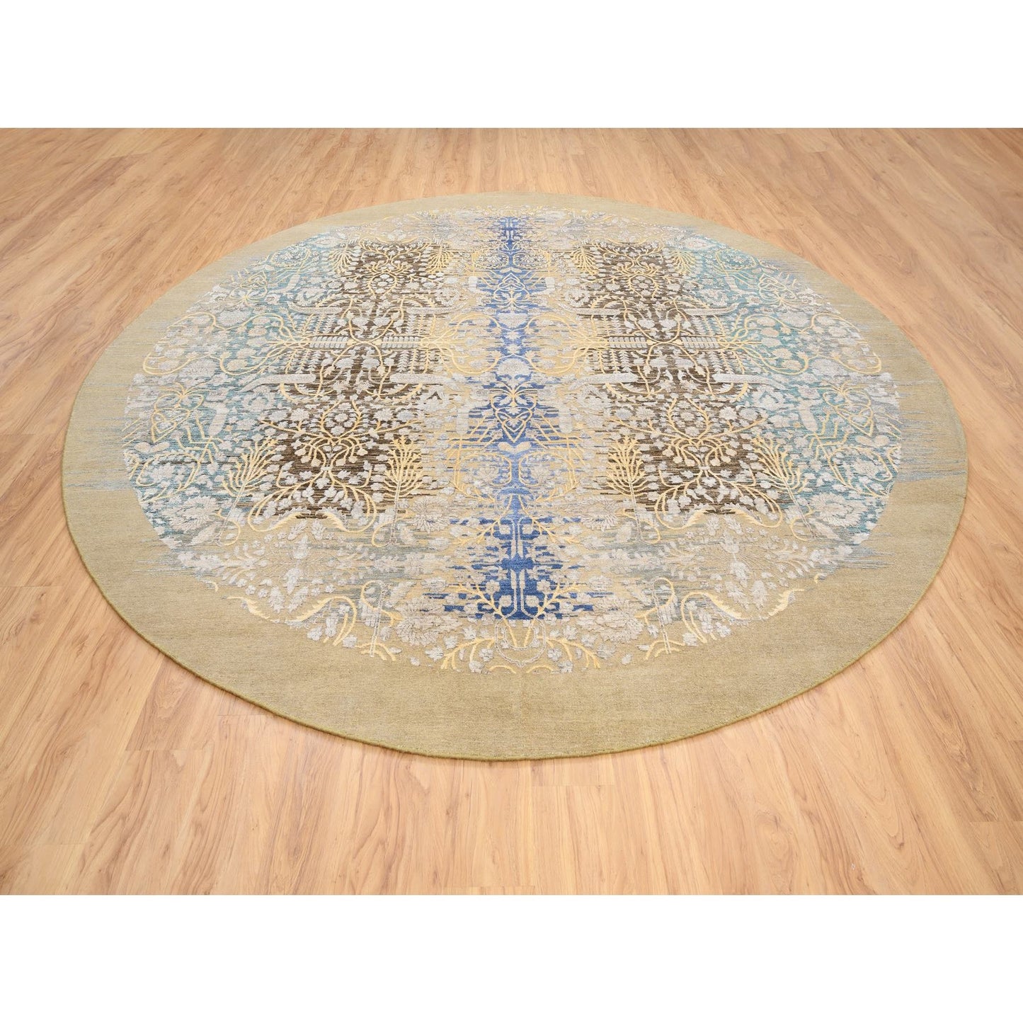 11'10"X11'10" Gold Brown Hand Knotted Saroogh Silk With Wool Round Rug