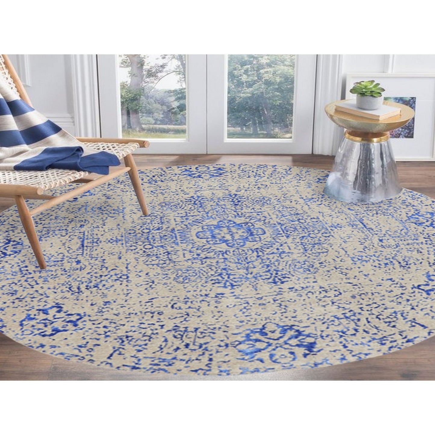 8'X8' Blue Wool And Silk Mamluk Design Jacquard Hand Loomed Round Rug