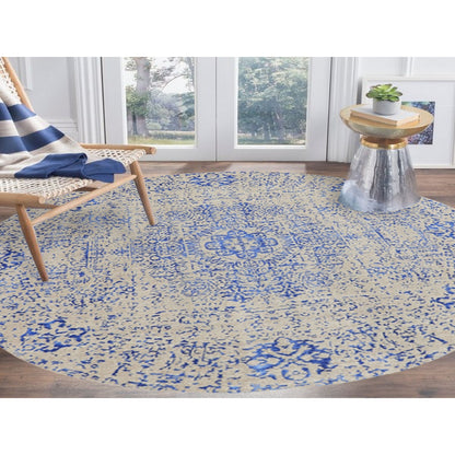 8'X8' Blue Wool And Silk Mamluk Design Jacquard Hand Loomed Round Rug