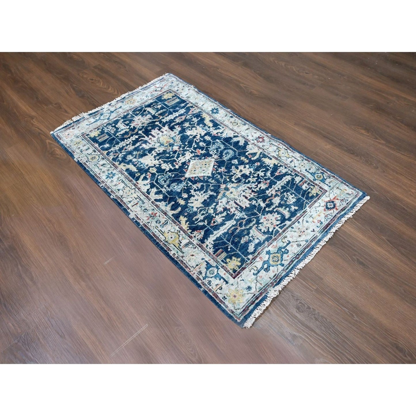 3'2"X4'10" Blue Erased Heris All Over Design Hand Knotted Pure Wool Rug