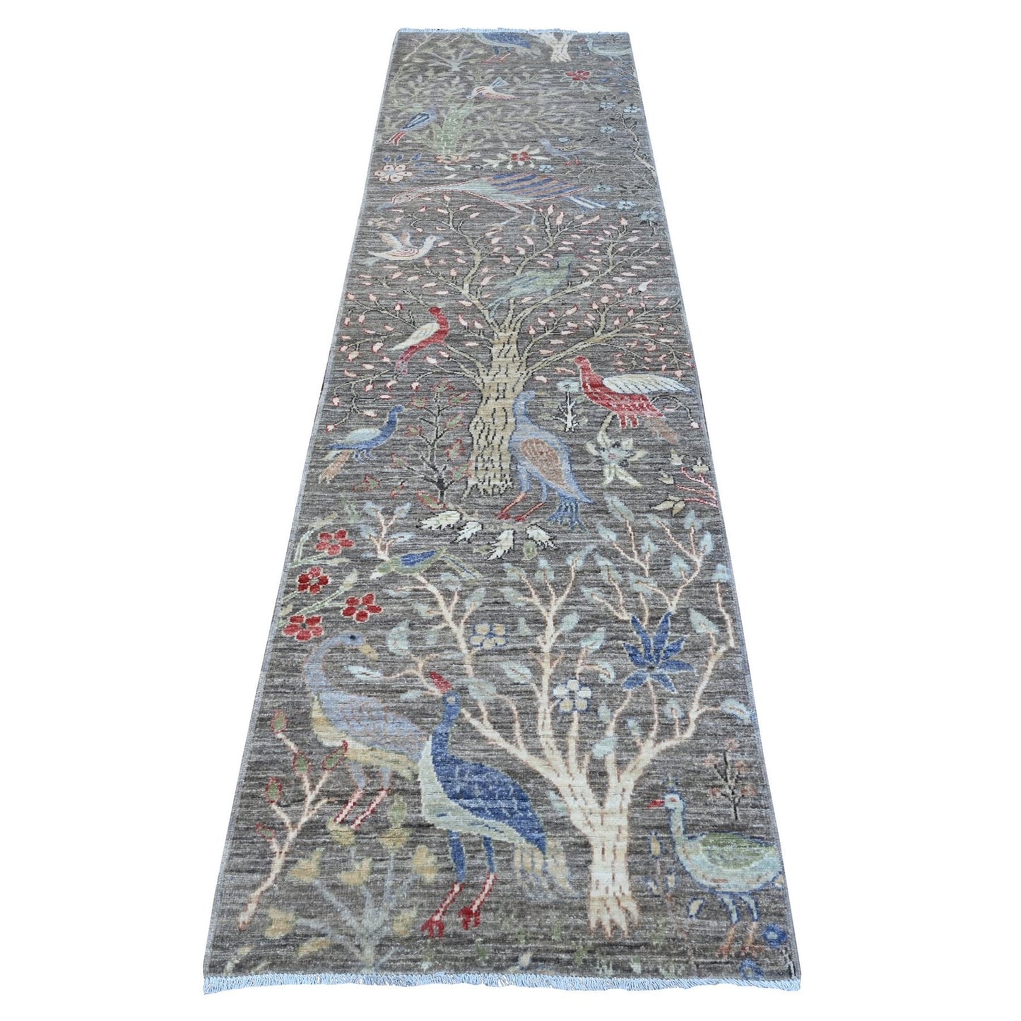 2'7"X9'8" Shingle Gray Birds Paradise Hand Knotted Runner Oriental Rug