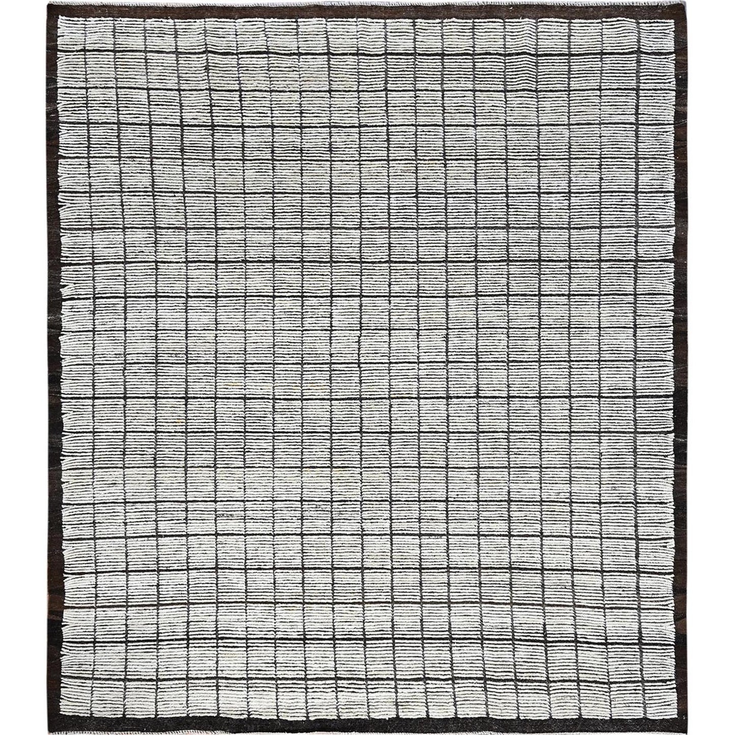 8'4"X9'10" White Moroccan Weave With Box Design 100% Wool Hand Knotted Rug