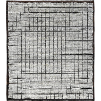 8'4"X9'10" White Moroccan Weave With Box Design 100% Wool Hand Knotted Rug