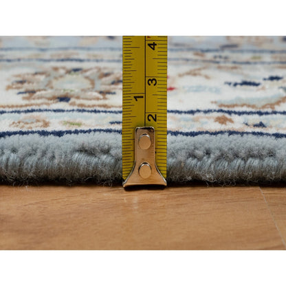2'8"X12'9" Blue Nain Flower Design Wool And Silk Hand Knotted Runner Rug