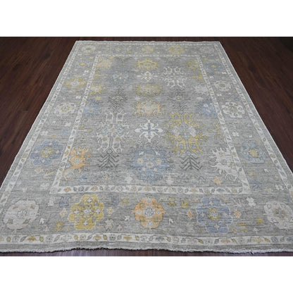 8'X9'7" Gray Afghan Angora Oushak Leaf Pattern Hand Knotted Pure Wool Rug