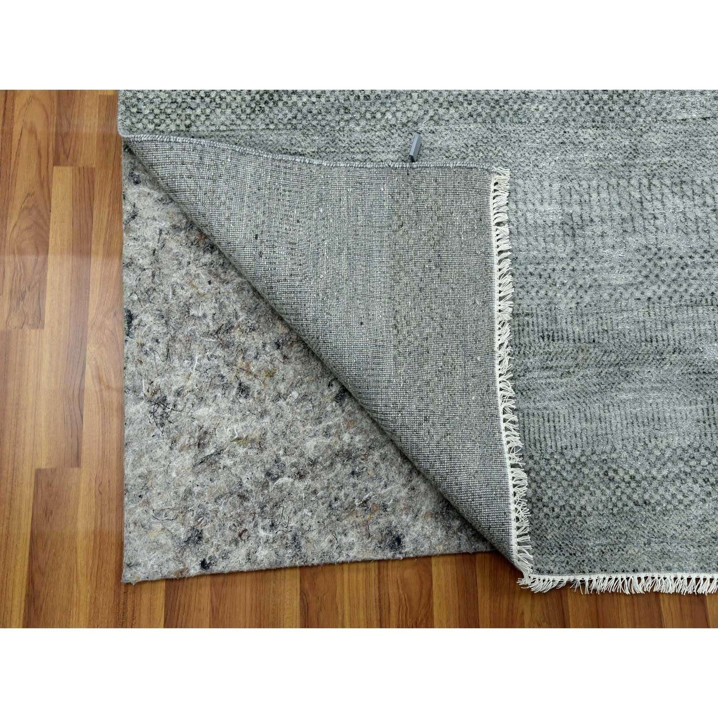 8'X10' Ash Gray Wool And Silk Hand Knotted Grass Design Oriental Rug