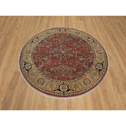 6'2"X6'2" Red Antiqued Fine Heris Hand Knotted New Zealand Wool Round Rug