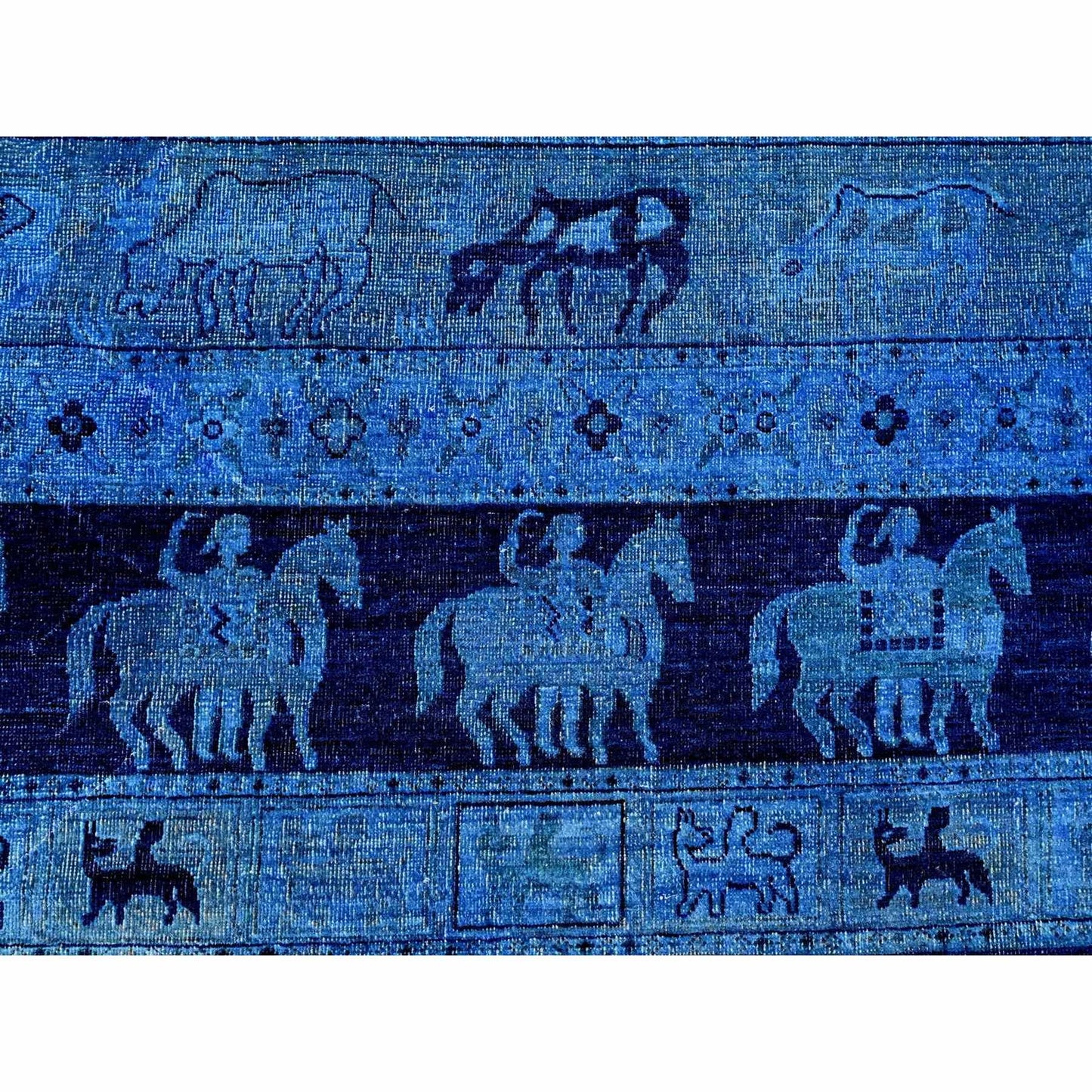 9'X12' Blue Overdyed Peshawar Pazyryk Design Pure Wool Hand Knotted Rug