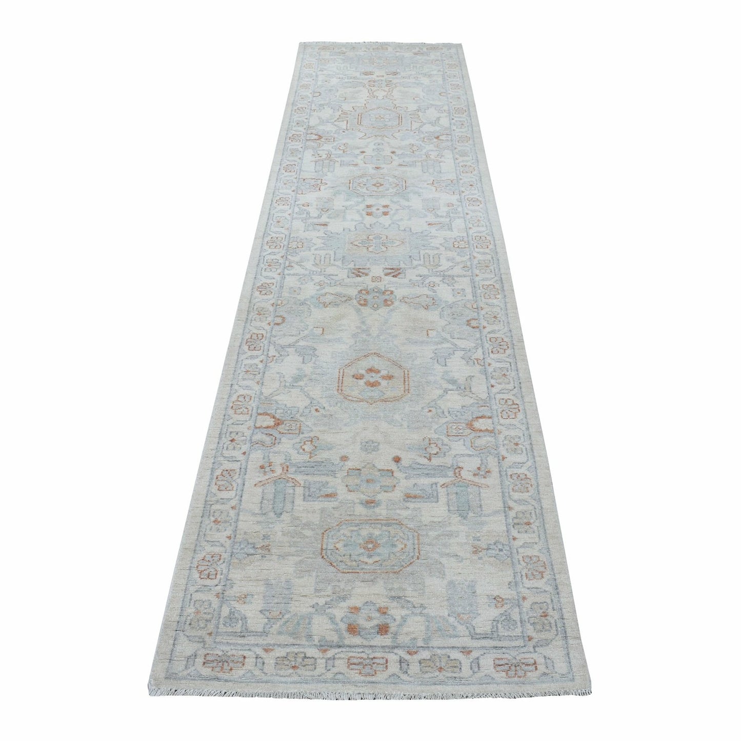 2'6"X9'10" White Wash Peshawar 100% Wool Hand Knotted Runner Oriental Rug